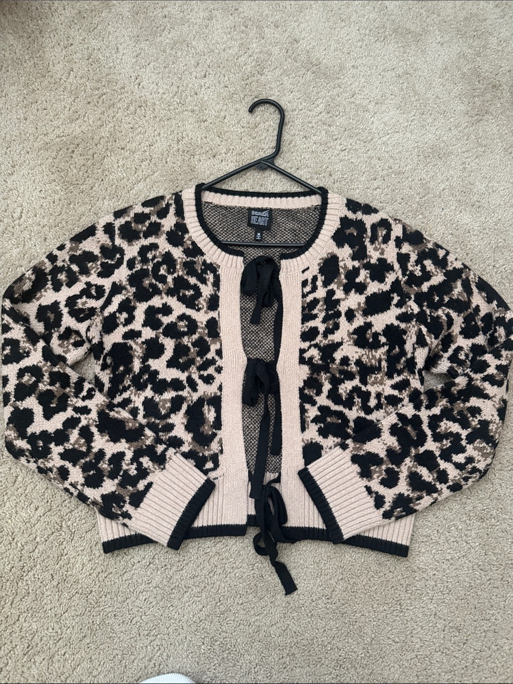 Derek Heart Leopard Tie-Front Cardigan - Beige & Black